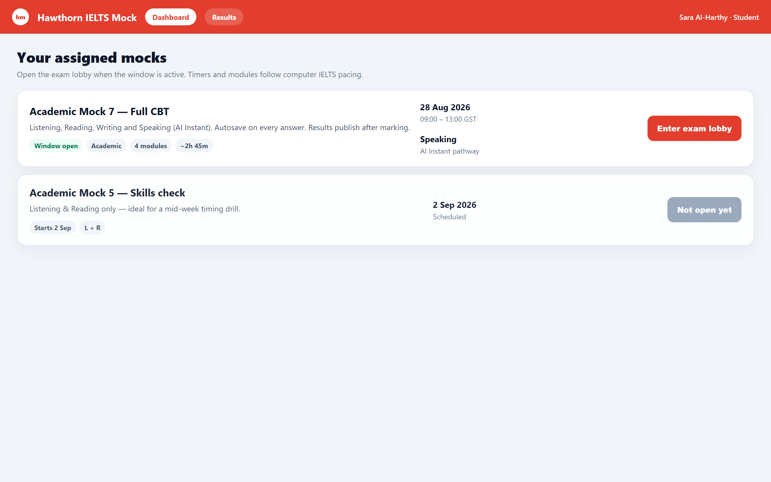 Student dashboard showing assigned IELTS mock tests